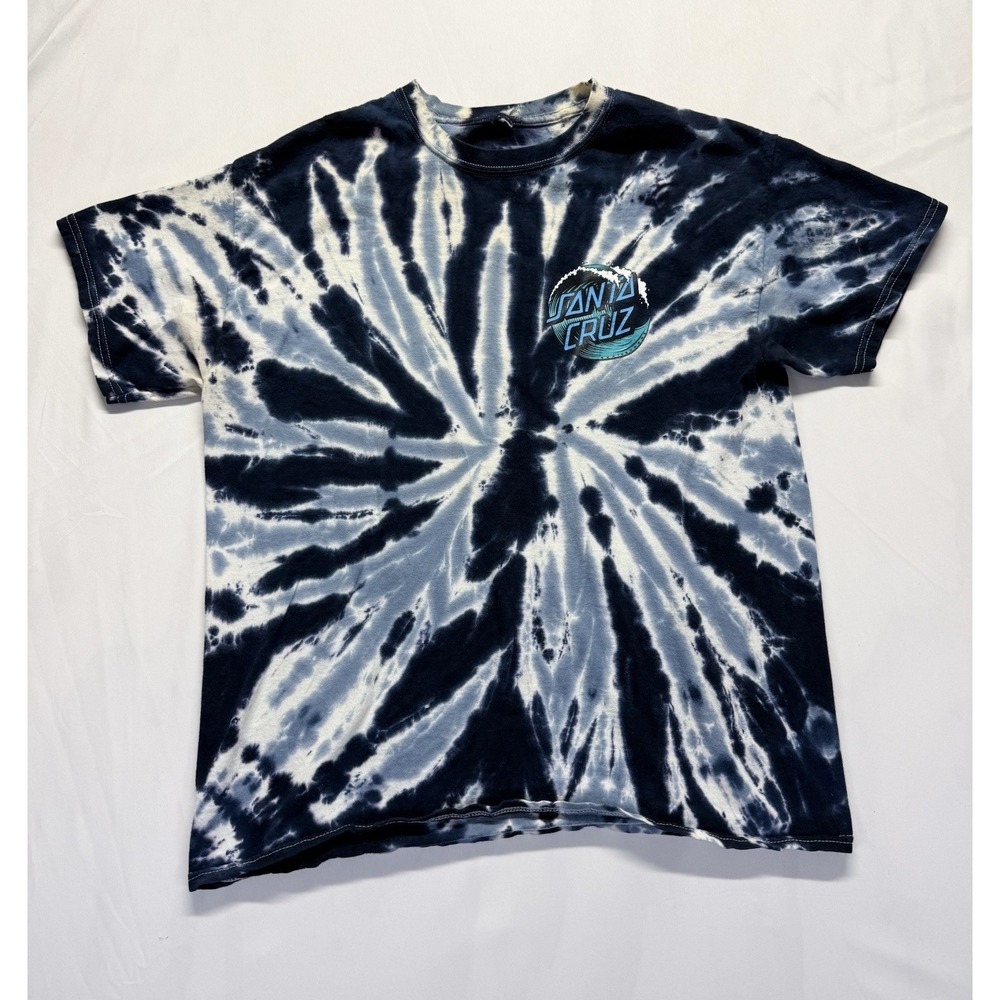 Santa Cruz Tie Dye Skate T Shirt Blue Black Wave Logo Surf Tee Vintage Style Med